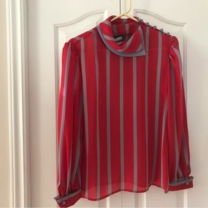 VINTAGE 1970 Red/Gray Shoulder Button Long Sleeve with Cuff Striped Blou…